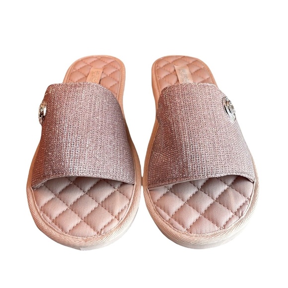 Michael Kors Womens Size 8 Janis Pink Sports MK Logo Slides Sandals - Picture 2 of 8